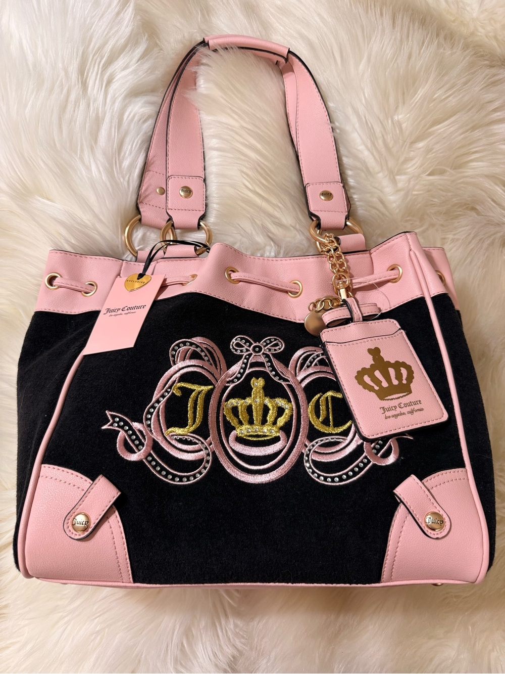 Juicy Couture Black & Pink Crown Embroidered Shoulder Bag